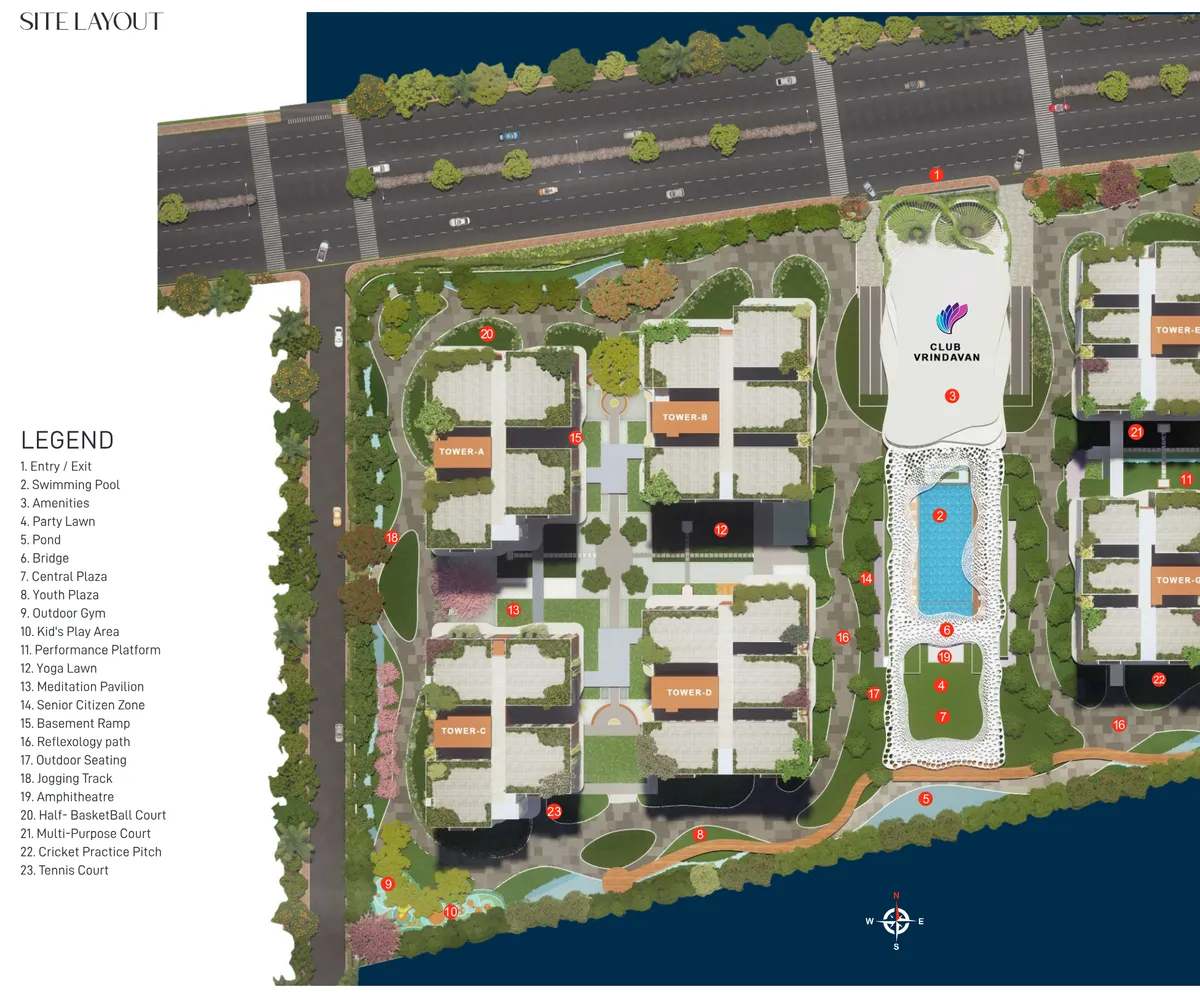Amenities master plan of Namishree Vrindavan showing tower positions, courtyard, clubhouse and amenity zones across 9.5 acres
