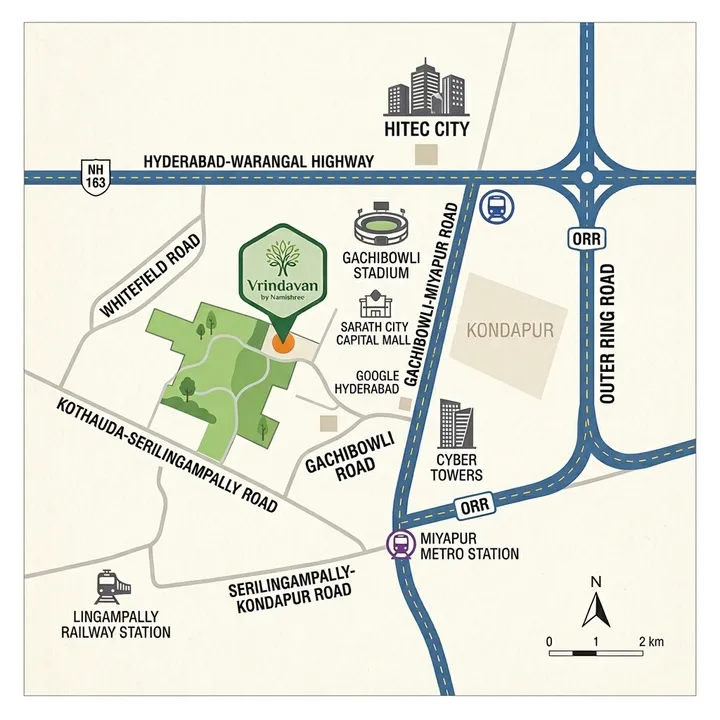 Location map of Namishree Vrindavan in Kondapur, Hyderabad
